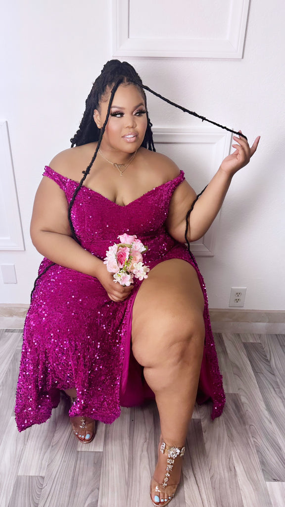 Fuchsia pink sequins plus size Gown