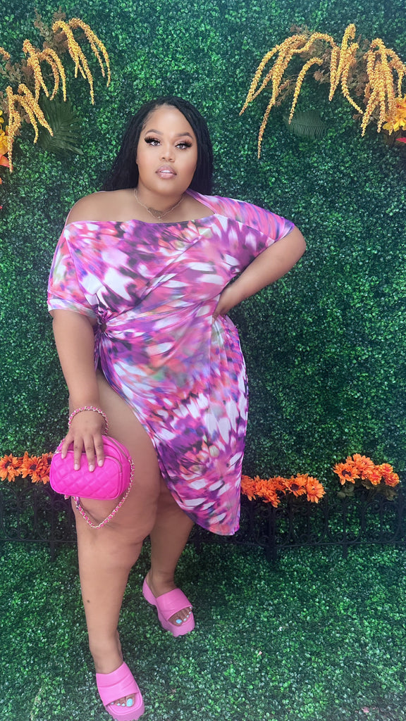 Pink off the shoulder mesh plus size Dress