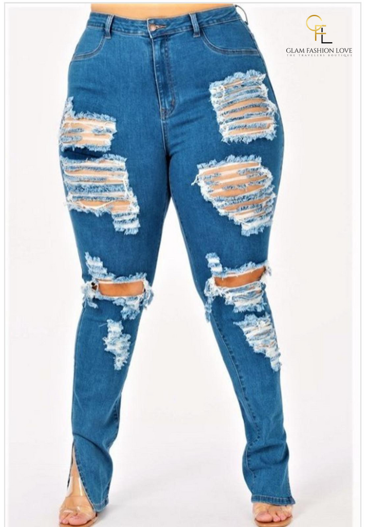 Ripped + size Slit Hem Jeans