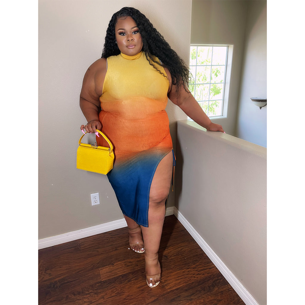 Yellow Orange Blue Sleeveless + Size Midi Dress